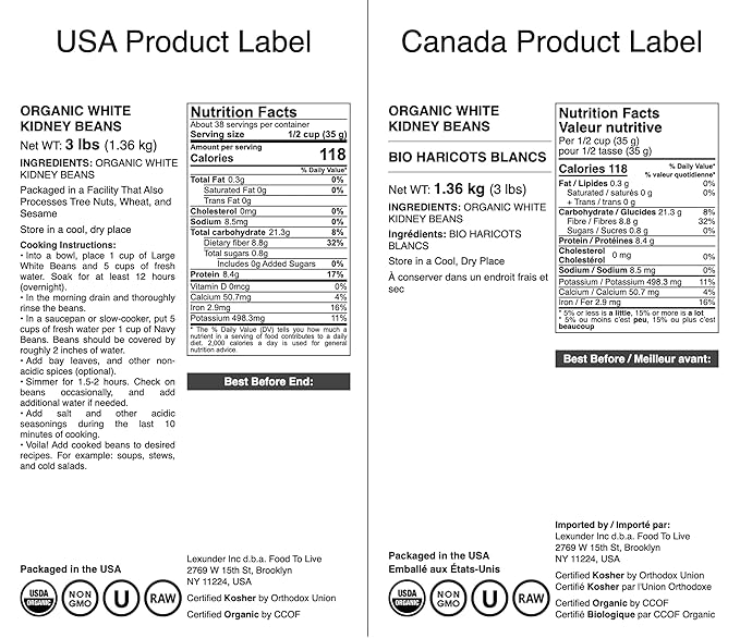 Food to Live Organic White Kidney Beans, 3 Pounds Whole Raw Dried Beans, Vegan, Kosher, Bulk. Rich