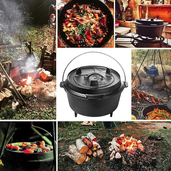 Overmont Camp Dutch Oven Pre Seasoned Cast Iron Lid Also a Skillet Casserole Pot with Lid Lifter