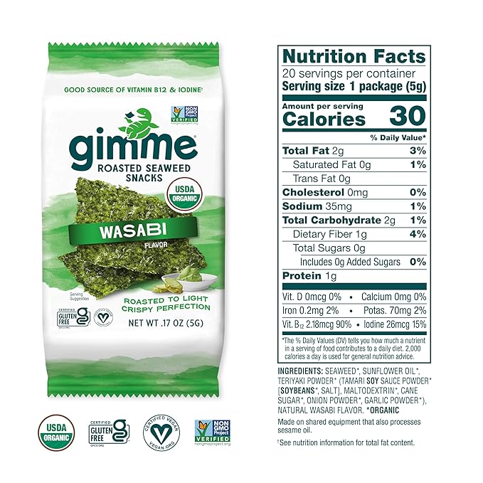 Gimme Seaweed Organic Premium Roasted Seaweed Snacks, Wasabi, 20 Count, Keto, Vegan, Gluten-Free