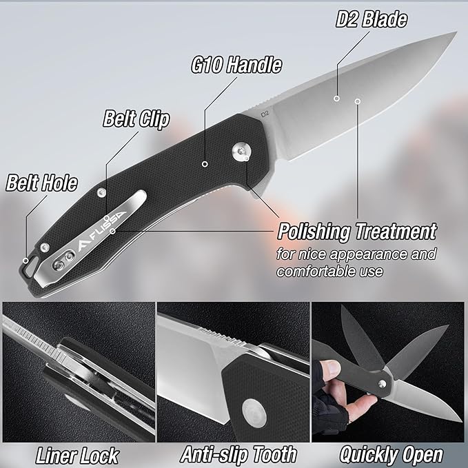 FLISSA Pocket Knife, Folding Tactical Knife with G10 Handle, D2 Blade, Liner Lock, Pocket Clip, EDC