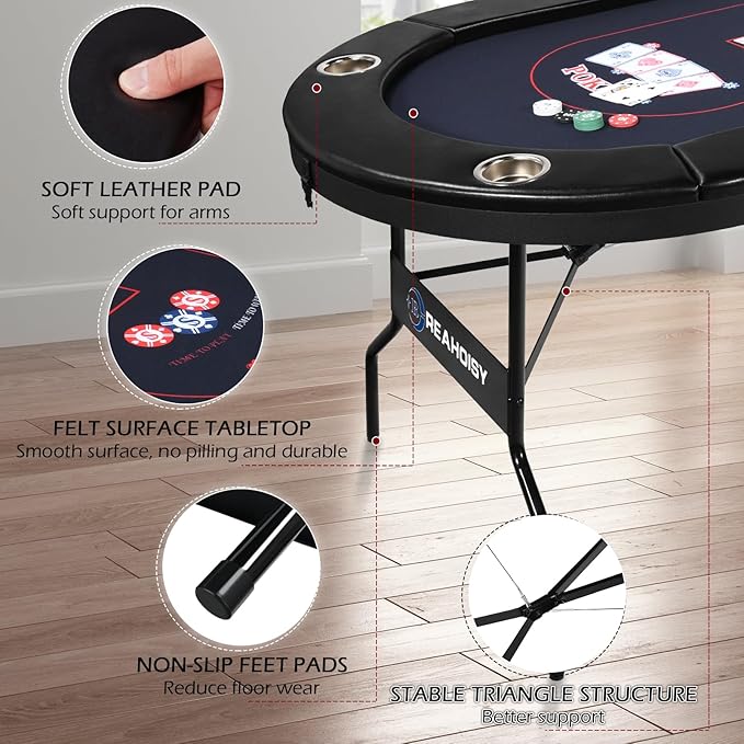 Poker Table Foldable, 8/10 Player Folding Poker Tables with Casino Grade Felt, Padded Rails & Cup