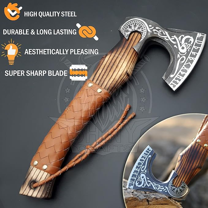 SHINY CRAFTS®- Custom Viking Hatchet – Rustic Gift for Men Handmade Axe for Camping, Groomsmen