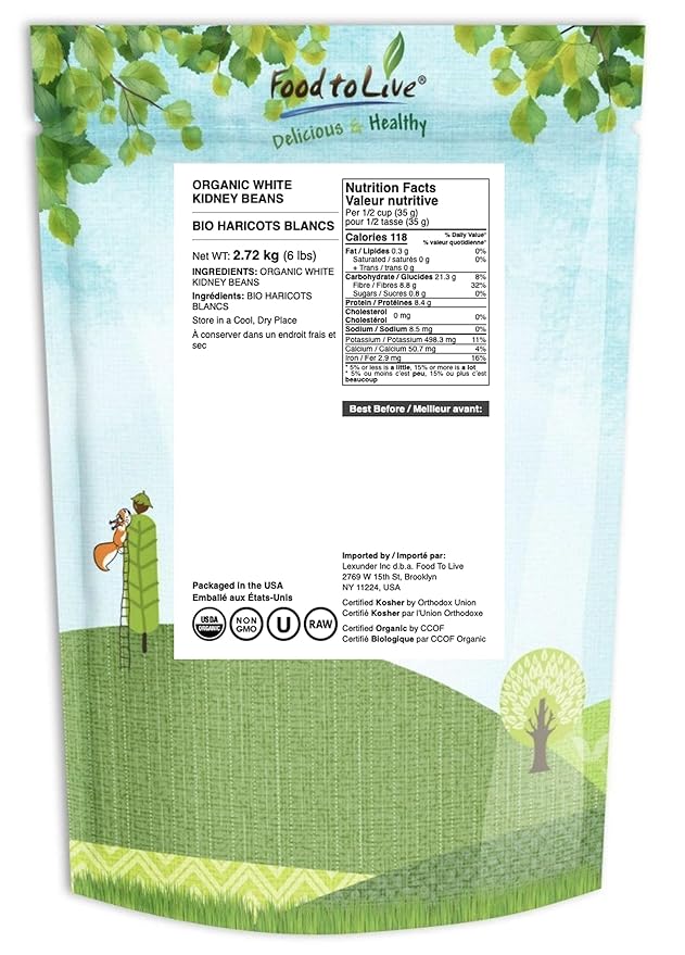 Food to Live Organic White Kidney Beans, 6 Pounds Whole Raw Dried Beans, Vegan, Kosher, Bulk. Rich