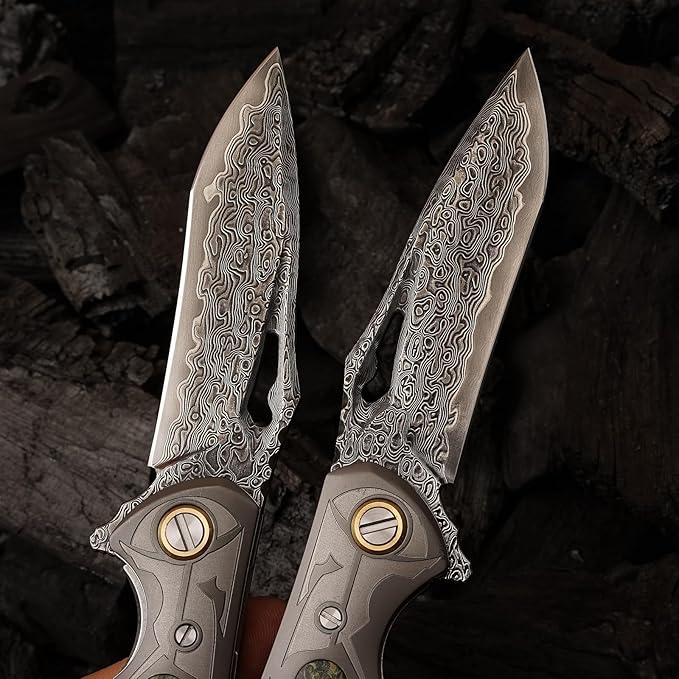 VG10 Damascus Steel Folding Knife, Stable Wood with Leather cover and pocket clip, Outdoor Survival