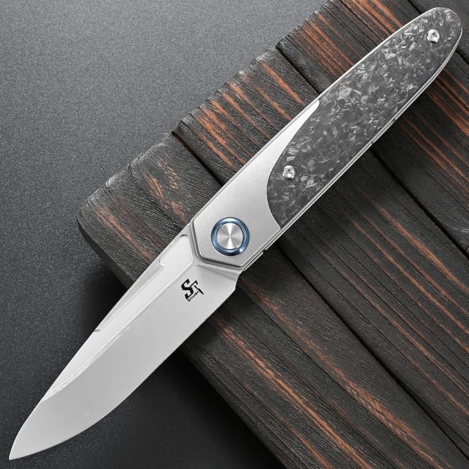 Sitivien ST992 Folding Pocket Knife,Handmade M390 Pearlescent Brushed Steel Blade,Titanium Carbon