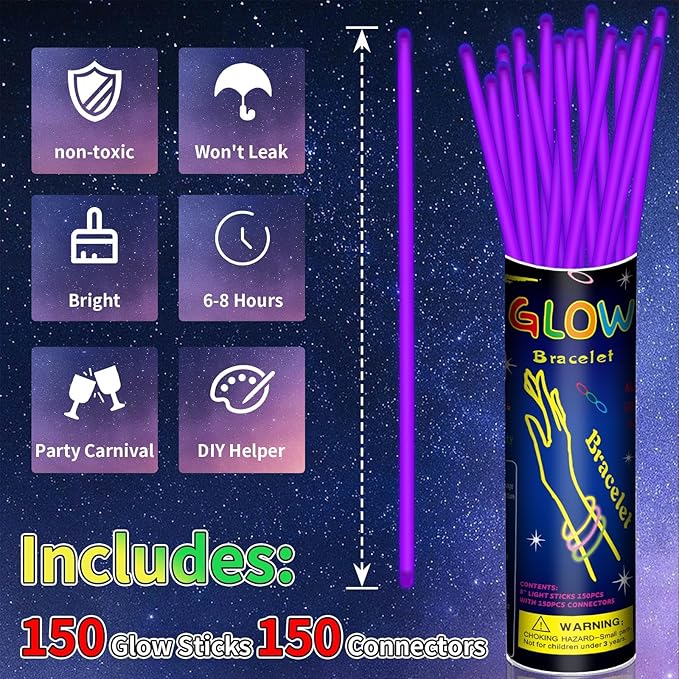 150 Pack 8” Purple Glow Sticks Bulk with 150 Connectors Neon Glow In The Dark Party favors Supplies