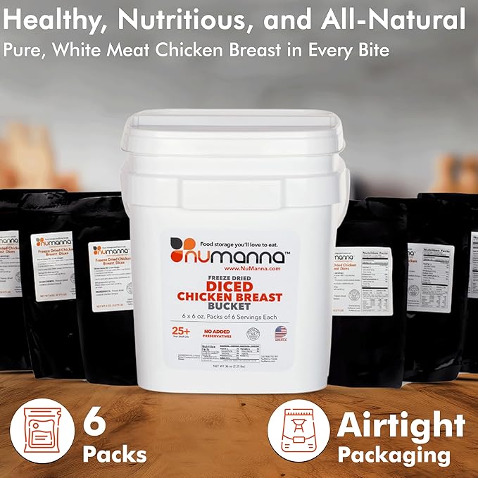 NuManna Freeze-Dried Diced Chicken Breast Bucket 36 Servings | Over 25g Protein per Serving for