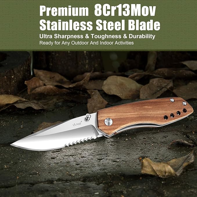 Vickay Folding Pocket Knife for Men & Women, 2.95" 8Cr13MoV Half-Serrated Steel Blade, Wood Hanlde