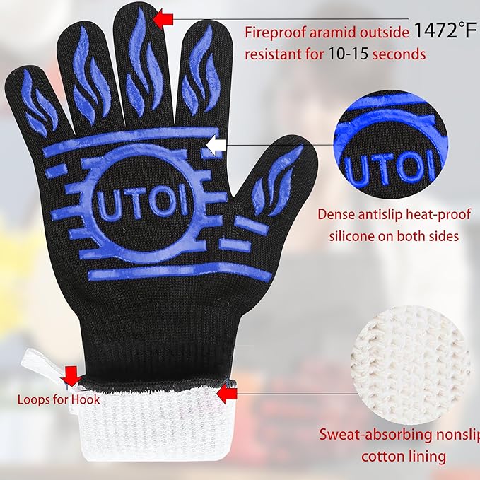 BBQ Gloves, 1472°F Heat Resistant Grilling Gloves, Silicone Non-Slip Long Cooking Gloves for