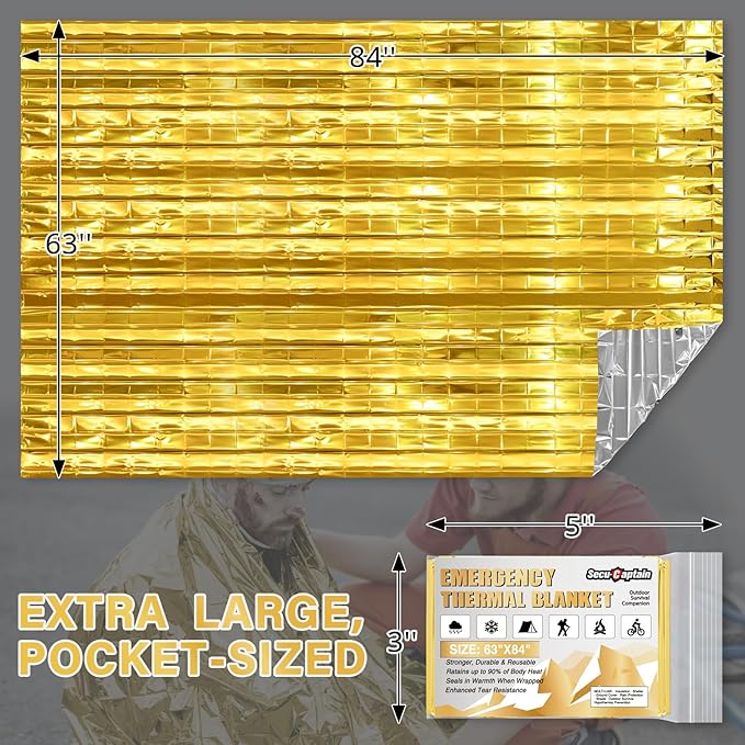 SecuCaptain Survival Emergency Thermal Blankets: Extra Large 84??x63??Space Mylar Blanket Kit for