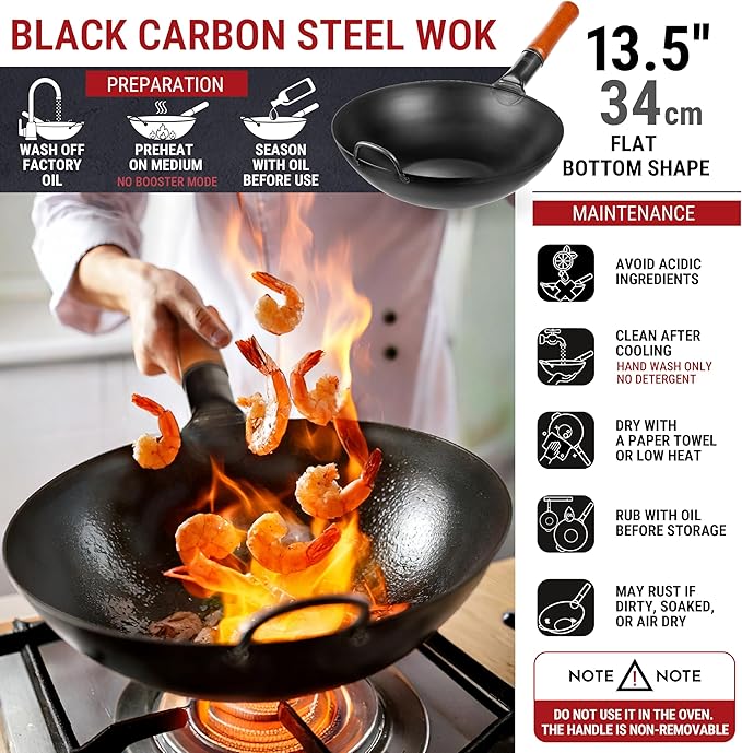 YOSUKATA 13.5" Carbon Steel Wok Pan – Pre-Seasoned Flat Bottom Pow Wok for Stir Fry, BBQ, Grill &