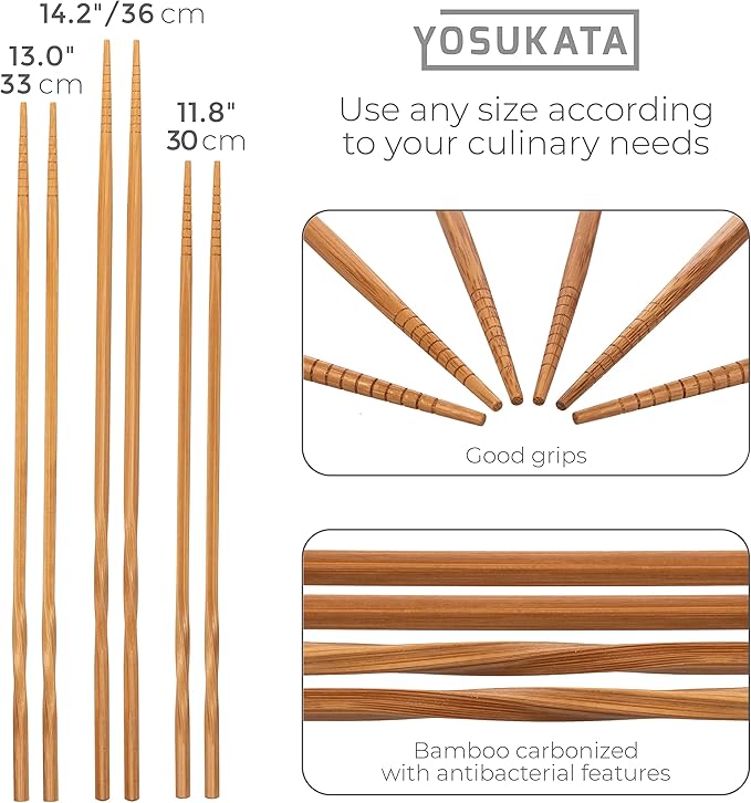 YOSUKATA Reusable Natural Wooden Long Cooking Chopsticks Set of 3 pairs: 11.8 inch, 13-inch, 14.2