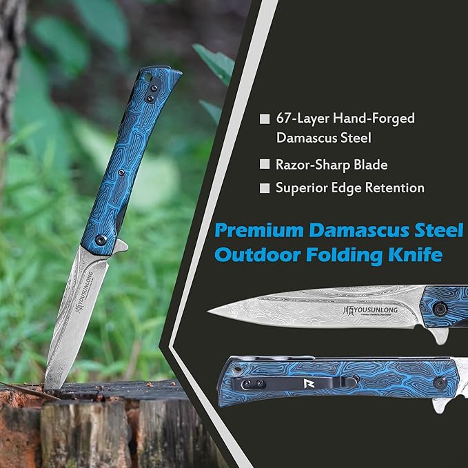 YOUSUNLONG Camping Folding Knife - Hammered Damascus Steel Blade Overall 215mm - Blue Damascus