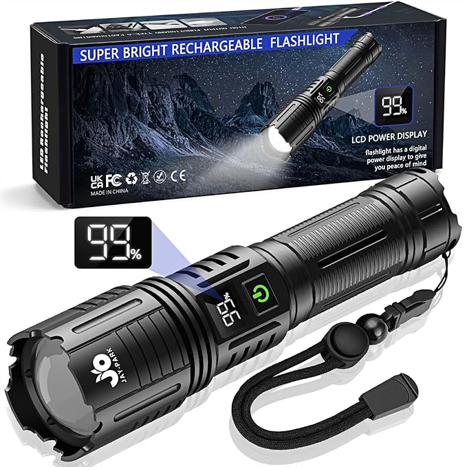Rechargeable Flashlights 10000 Lumen, LED Flashlight with Digital Power Display and Zoomable