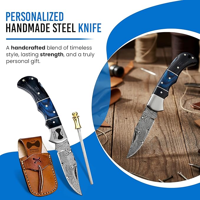 Set of 3 - Personalized Damascus Pocket Knife for Groomsmen -With Leather Sheaths - Custom Engraved