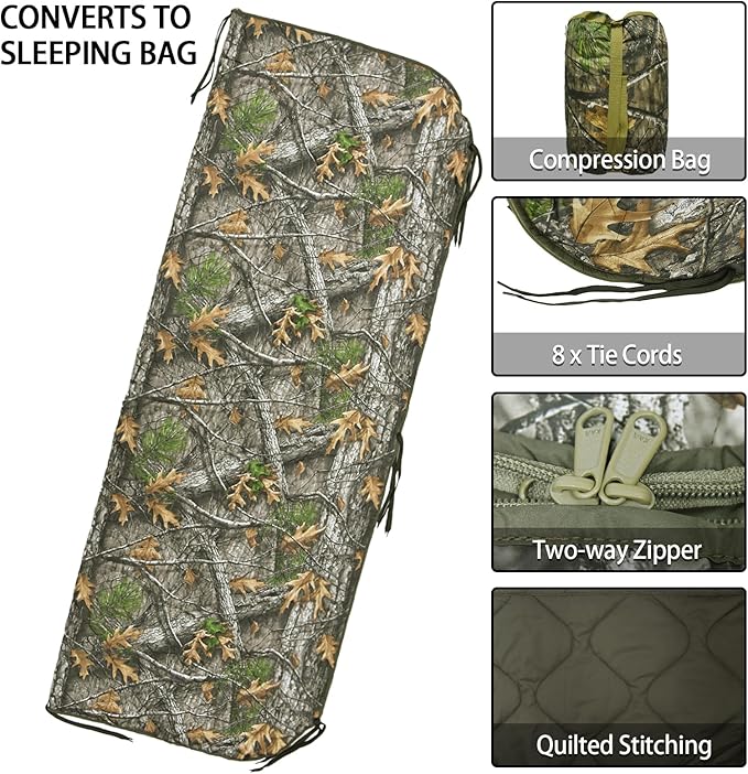 Military Poncho Liner with Zipper Camping Blanket Army Insulation Sleeping Bag Insulated Waterproof