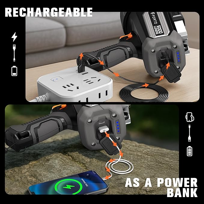 FORTO Rechargeable Spotlight 5000 Lumen Ultra Bright IPX7 Waterproof Spotlight, Boat Flashlight