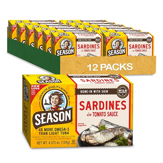 Season Sardines in Tomato Sauce - Wild Caught, 22g of Protein, Keto Snacks, More Omega 3's Than