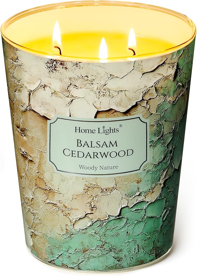 HomeLights Balsam Cedarwood Scented Candles | 34oz Soy Candles Industrial Chic 3-Wick Large Candle
