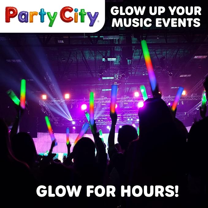 Party City 24pk LED Foam Glow Sticks 14?? Glow in the Dark Party Supplies Favors, Colorful Flashing