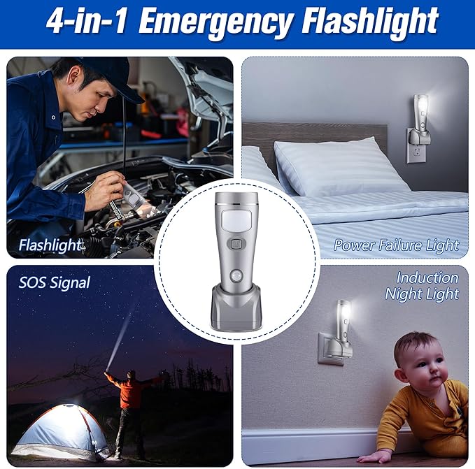 Enhon 2 Pack 4 in 1 LED Emergency Lights for Home Power Failure, Rechargeable Plug in Flashlight