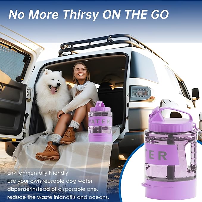 77oz Dog Water Bottle with Dispenser Bowl, 2200ml Capacity, Purple, Portable Pet Travel Bottle with