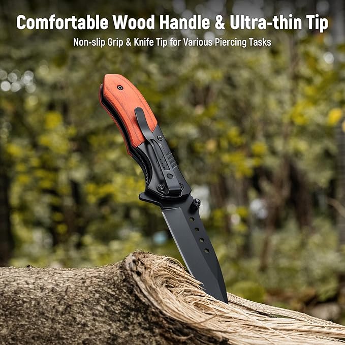 Pocket Knife for Men - 2.98" Sharp Blade Wood Handle Pocket Folding Knives with Clip, Glass Breaker