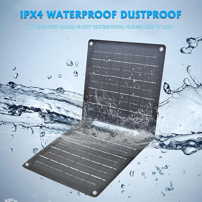 Portable Solar Panel (5V 2A Max) with USB-A Port for Cell Phone, Fan, Flashlight, IPX4 Waterproof