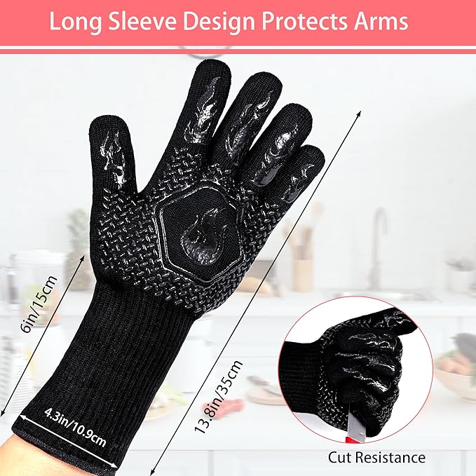 BBQ Fireproof Gloves, Grill Cut-Resistant Gloves 1472°F Heat Resistant Gloves, Non-Slip Silicone