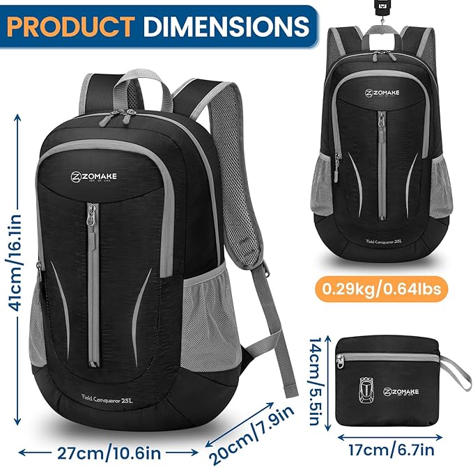 ZOMAKE Ultra Lightweight Packable Backpack 25L, Foldable Hiking Backpacks Water Resistant Small