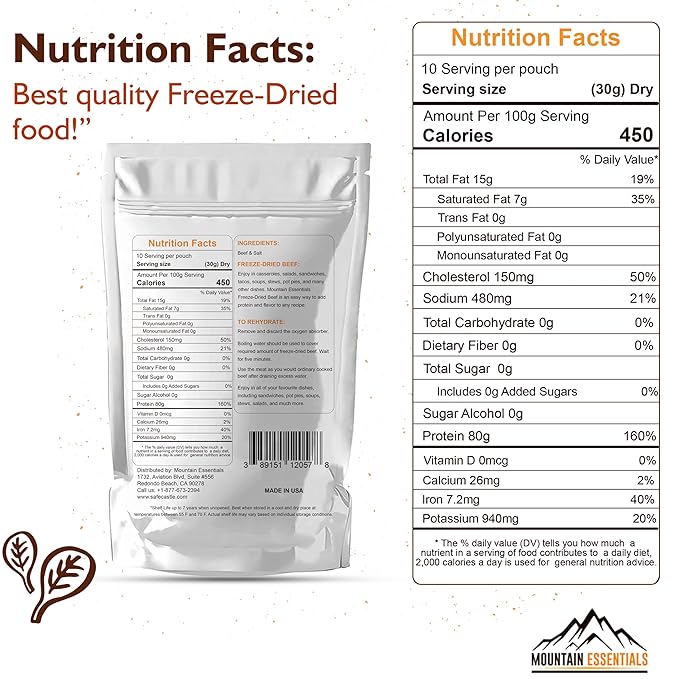 MOUNTAIN ESSENTIALS Freeze-Dried Diced Beef ??Fully Cooked Meat | Pre-Cooked | 240g High Protein
