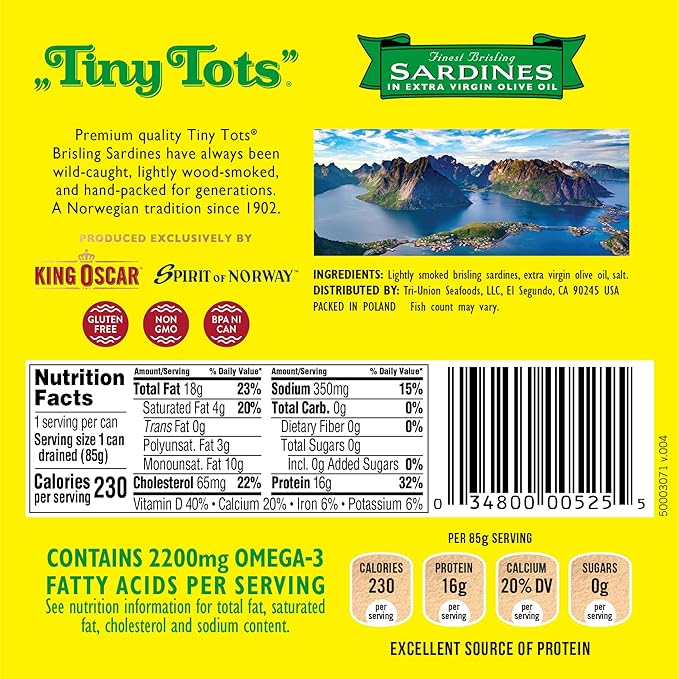 King Oscar Wild Caught Brisling Sardines Tiny Tots Extra Virgin Olive Oil, 45 Oz, Pack of 12