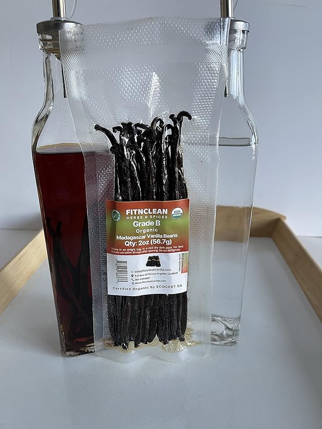 2oz Grade B Organic Madagascar Vanilla Beans for extract. Certified USDA Organic. 5"-7" by