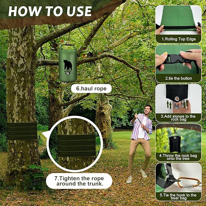 2 Pcs 10L Waterproof Bear Bags with 4 Nylon Ropes, 4 Clips & 2 Rock Pockets & 2 Small Warning Bells