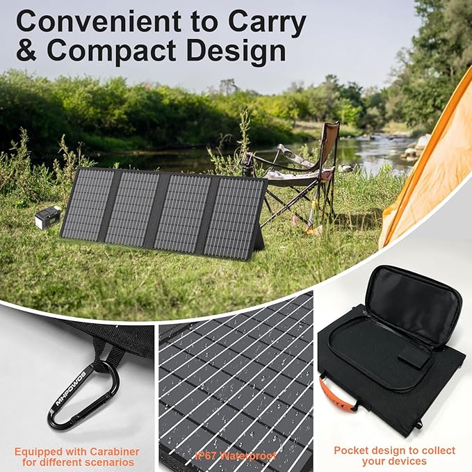 60W Portable Solar Panels Charger with USB-C, USB-A and DC Outputs Foldable IP67 Waterproof Solar