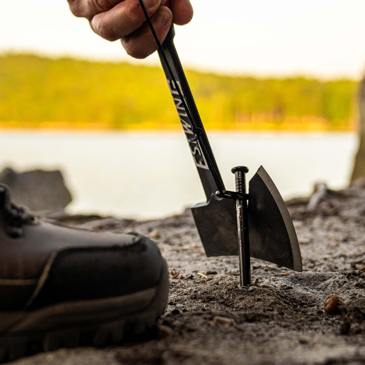 ESTWING Camper's Axe - 14" USA Made Black Hatchet with Tent Stake Puller & Hi-Vis Orange Shock