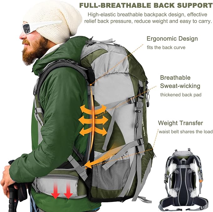 Loowoko 50L Hiking Backpack, Waterproof Camping Essentials Bag with Rain Cover, 45+5 Liter