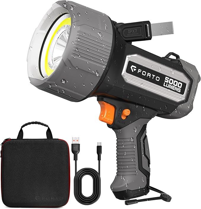 FORTO Rechargeable Spotlight 5000 Lumen Ultra Bright IPX7 Waterproof Spotlight, Boat Flashlight