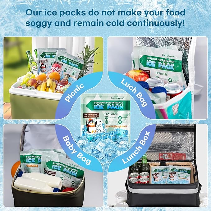 5 Packs Reusable Ice Packs for Lunch Boxes - 12+ Hour Cooling Ice Gel Pack for Camping, Beach