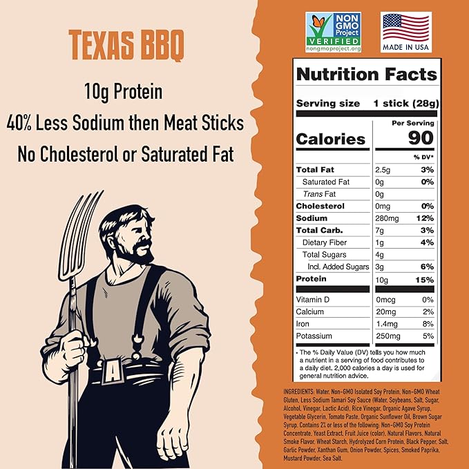 AGRO POWER Vegan Jerky Sticks, Texas BBQ Flavor Plant-Based, 7 Stick Bag with 10g Protein, Non-GMO