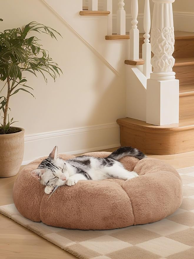 OhGeni 20 inches Calming Donut Dog & Cat Bed for Small Pets, Warming Comfort Fluffy Short Pile Fur