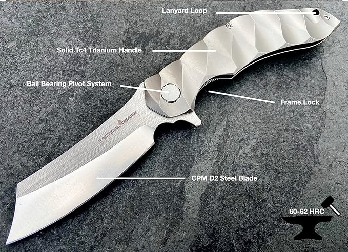 Titanium Pocket Folding Knife, Solid Tc4 Titanium Handle, CPM-D2 Steel DAO Blade, Includes Sheath