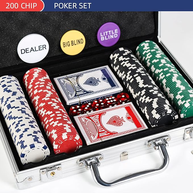 200Pcs Poker Chips Set for Texas Holdem,Blackjack, Tournaments with Aluminum Case,2 Decks of Cards