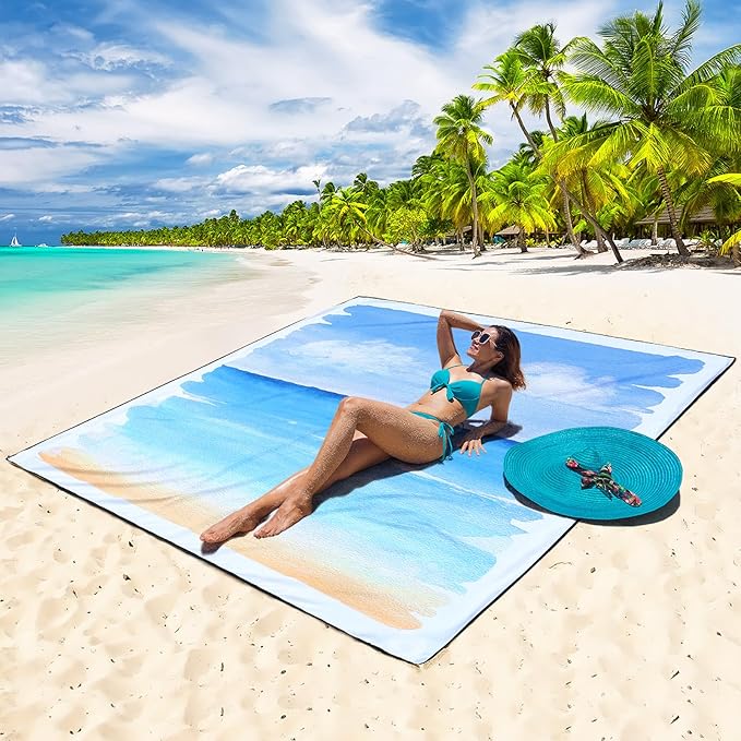Beach Blanket Waterproof Sandproof Beach Mat 79" X 83"/10'x9'for 2-8 Adults Quick Drying Outdoor