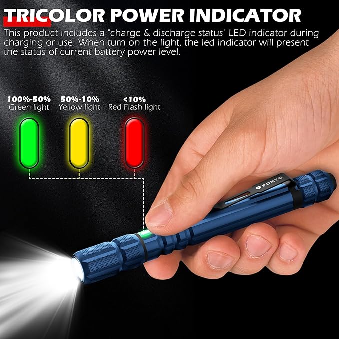FORTO Rechargeable Pen Light Flashlight, 400 Lumens Small Pocket Flashlight with Clip, IP67