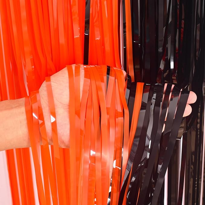 BRAVESHINE Tinsel Photo Backdrop Curtains - 2 Pack 3.2x8.2ft Black Orange Foil Fringe Streamer