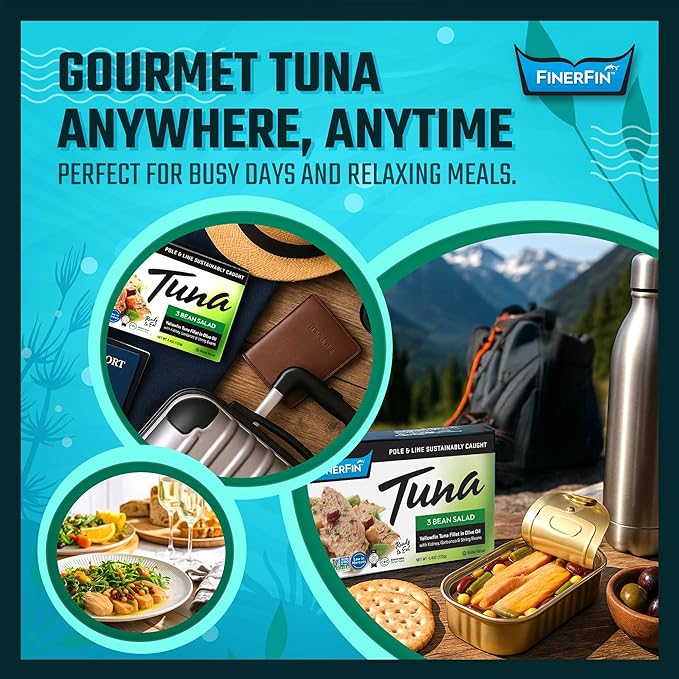 FinerFin Yellowfin Tuna In Organic Olive Oil ??3 Bean Salad Flavor (4.4oz can - 6 Pack); Premium