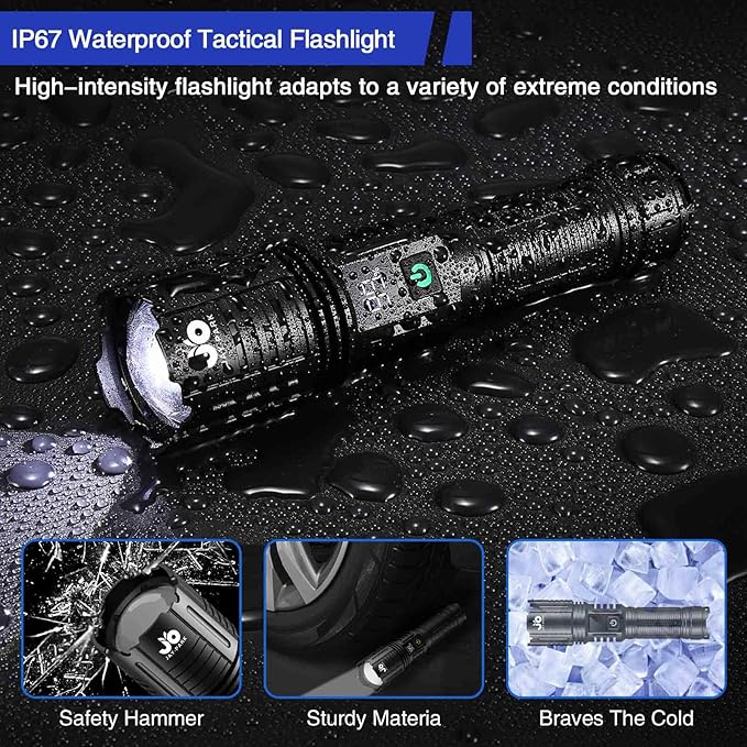 Rechargeable Flashlights 10000 Lumen, LED Flashlight with Digital Power Display and Zoomable