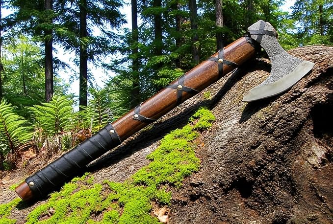AX-7000 Custom Gift Forged Carbon Steel Viking Axe with Rose Wood Shaft, Viking Bearded Camping Axe