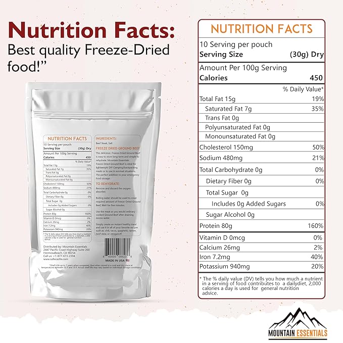 MOUNTAIN ESSENTIALS Freeze-Dried Ground Beef ??Pre-Cooked and Ready-to-Eat Hamburger Meat |